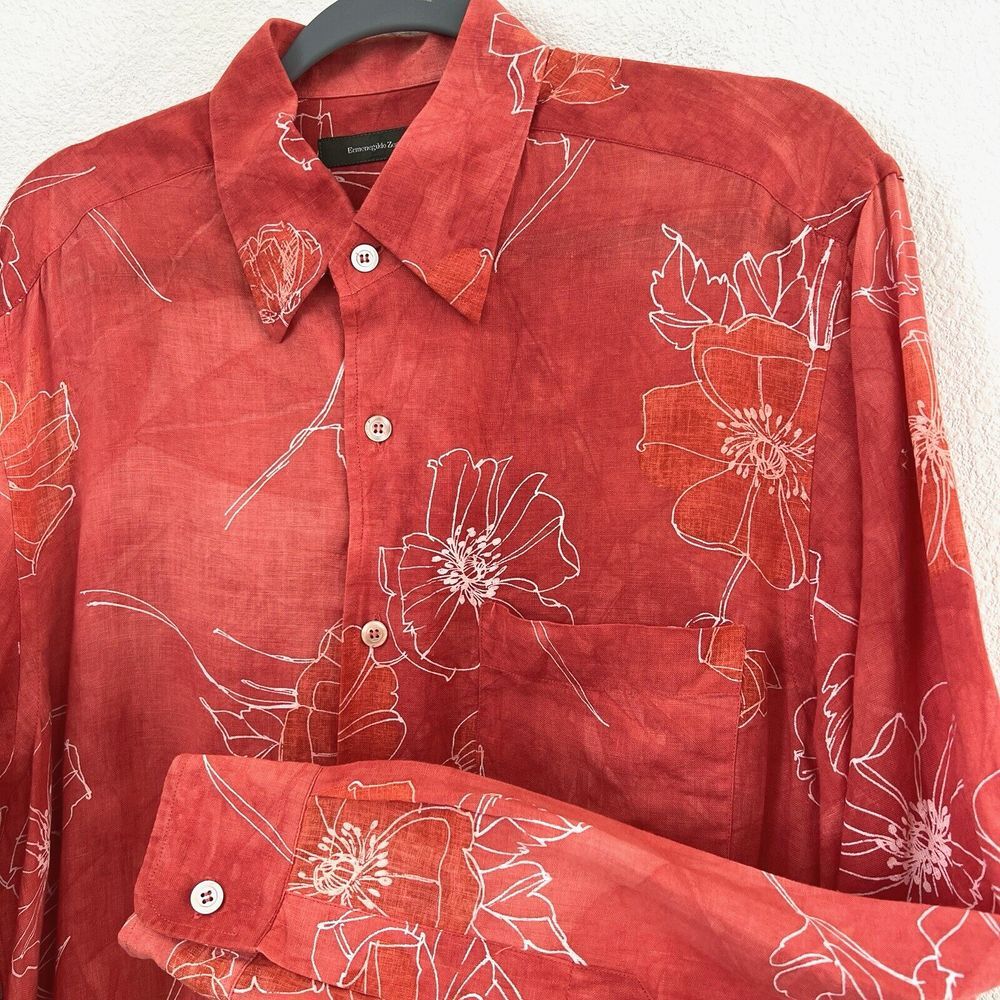 Ermenegildo Zegna 100% Linen ButtonUp Shirt Mens Large Floral Orange Long Sleeve